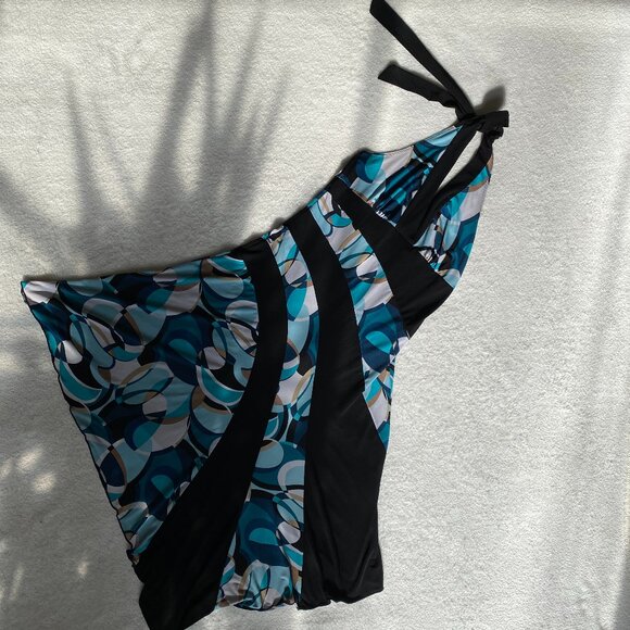 Women's Colorblock Geometric Turquoise, Black, and Tan Halter Top Dress M - Picture 4 of 15